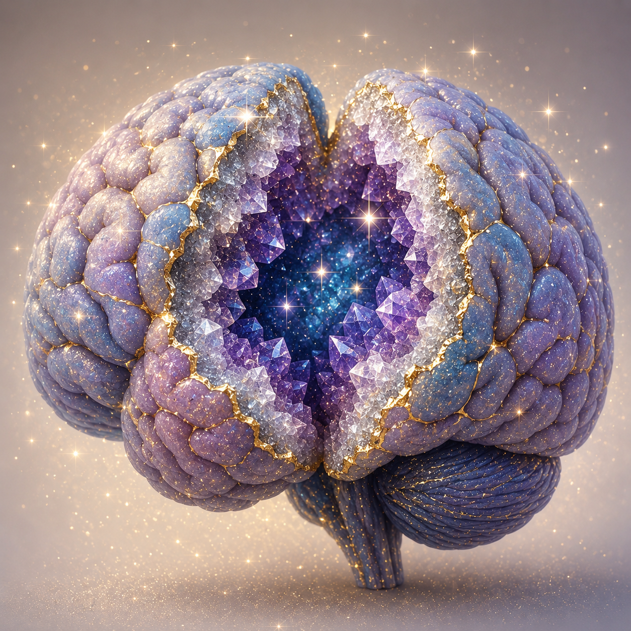A luminous geode brain — many facets, one center.